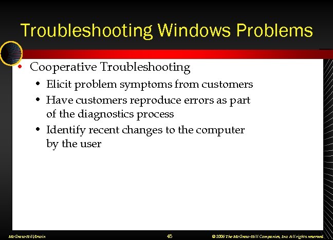Troubleshooting Windows Problems • Cooperative Troubleshooting • Elicit problem symptoms from customers • Have