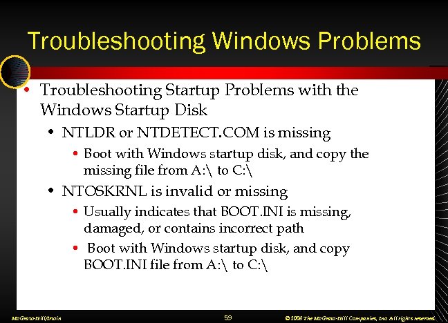 Troubleshooting Windows Problems • Troubleshooting Startup Problems with the Windows Startup Disk • NTLDR