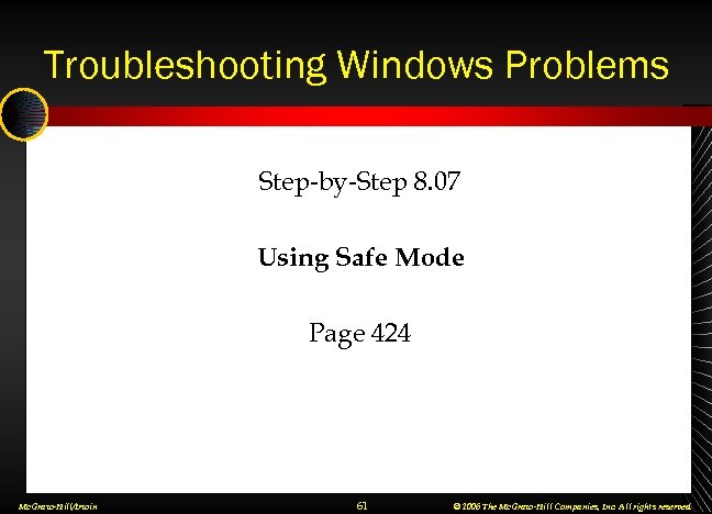 Troubleshooting Windows Problems Step-by-Step 8. 07 Using Safe Mode Page 424 Mc. Graw-Hill/Irwin 61