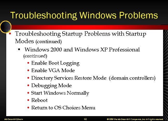 Troubleshooting Windows Problems • Troubleshooting Startup Problems with Startup Modes (continued) • Windows 2000