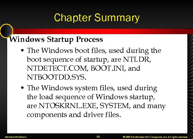Chapter Summary Windows Startup Process • The Windows boot files, used during the boot