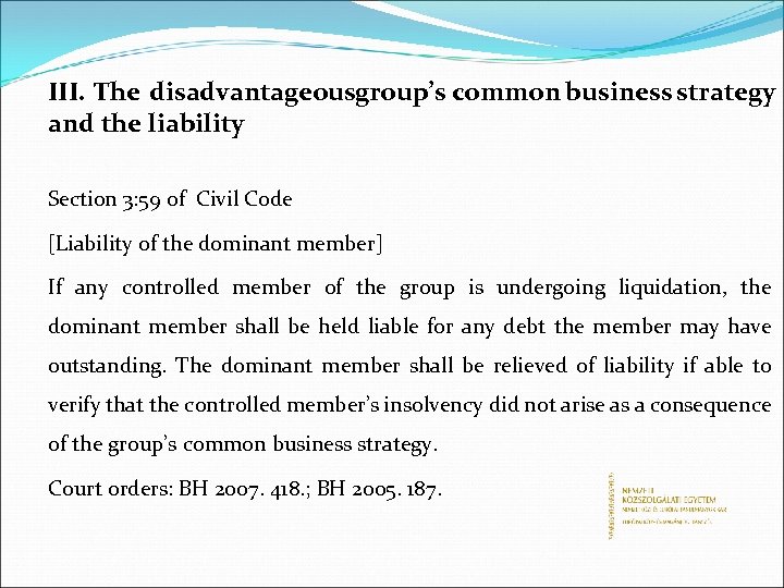 III. The disadvantageousgroup’s common business strategy and the liability Section 3: 59 of Civil