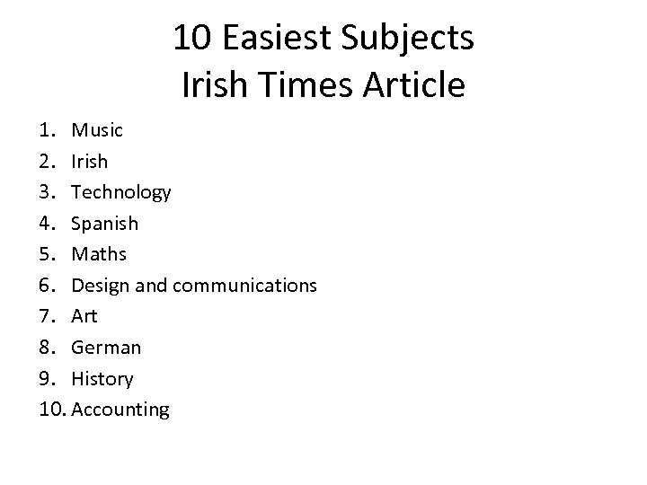 10 Easiest Subjects Irish Times Article 1. Music 2. Irish 3. Technology 4. Spanish