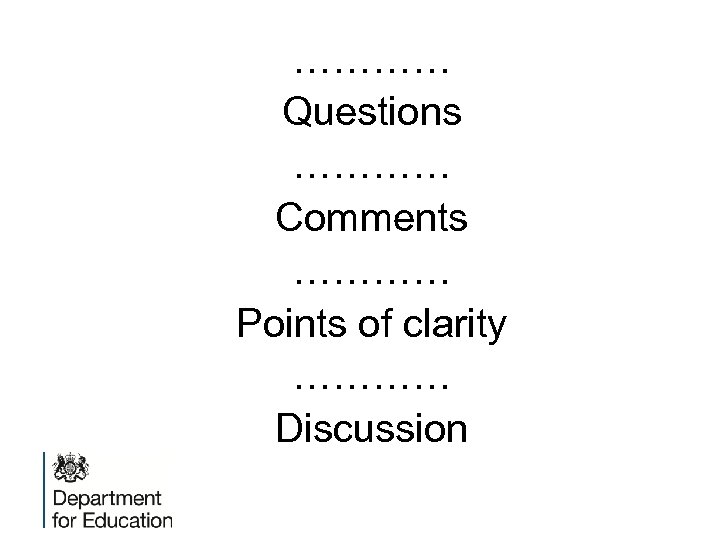 ………… Questions ………… Comments ………… Points of clarity ………… Discussion 