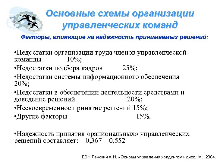Основные схемы организации управленческих команд Факторы, влияющие на надежность принимаемых решений: • Недостатки организации