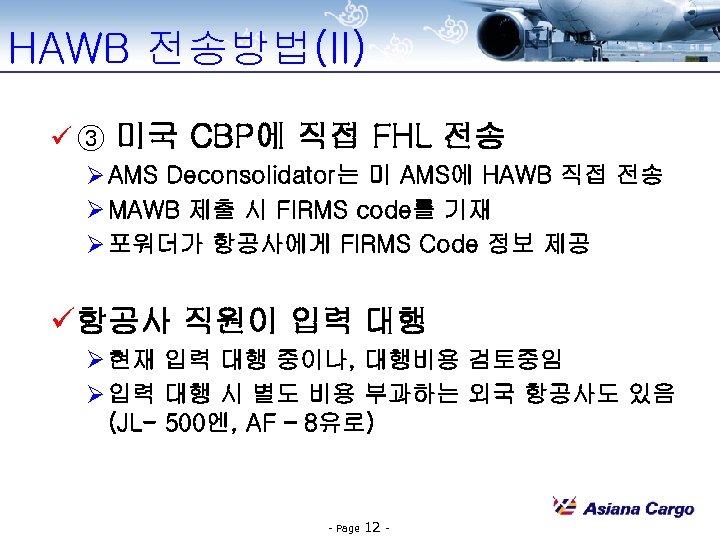 HAWB 전송방법(II) ü ③ 미국 CBP에 직접 FHL 전송 Ø AMS Deconsolidator는 미 AMS에