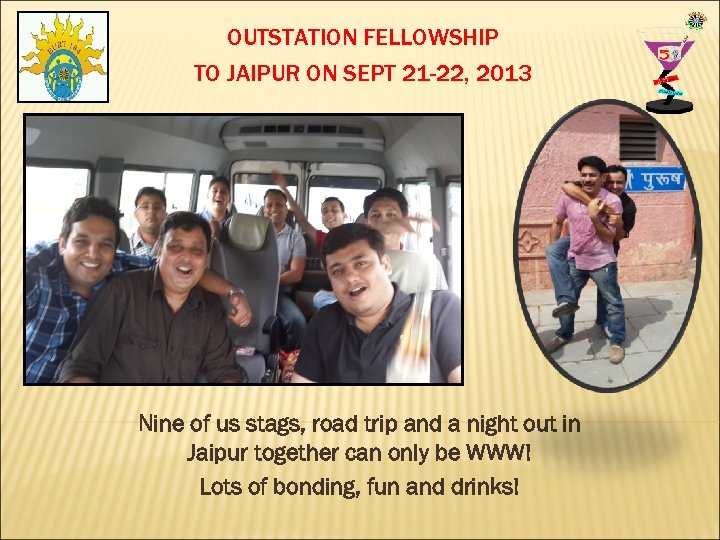 OUTSTATION FELLOWSHIP TO JAIPUR ON SEPT 21 -22, 2013 Nine of us stags, road