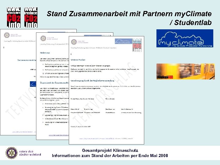 Stand Zusammenarbeit mit Partnern my. Climate / Studentlab Gesamtprojekt Klimaschutz Informationen zum Stand der