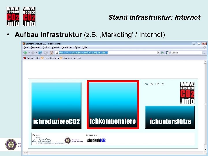 Stand Infrastruktur: Internet • Aufbau Infrastruktur (z. B. ‚Marketing‘ / Internet) Gesamtprojekt Klimaschutz Informationen