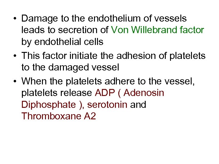  • Damage to the endothelium of vessels leads to secretion of Von Willebrand