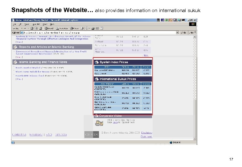 Snapshots of the Website… also provides information on international sukuk 17 