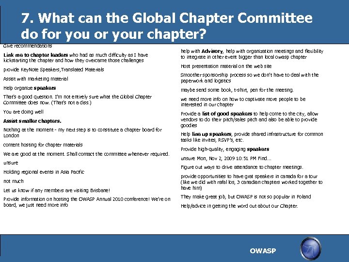 7. What can the Global Chapter Committee do for your chapter? Give recommendations Link