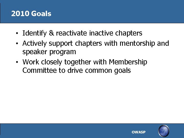2010 Goals • Identify & reactivate inactive chapters • Actively support chapters with mentorship