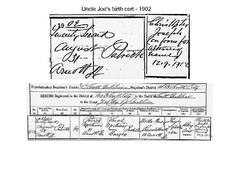 Uncle Joe's birth cert - 1902 