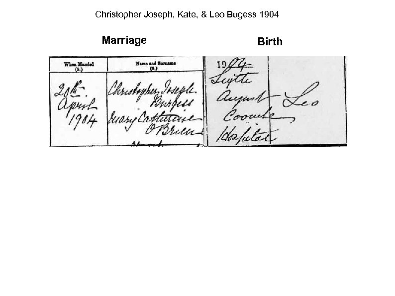 Christopher Joseph, Kate, & Leo Bugess 1904 Marriage Birth 