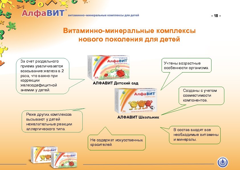 - 18 - Витаминно-минеральные комплексы нового поколения для детей За счет раздельного приема увеличивается