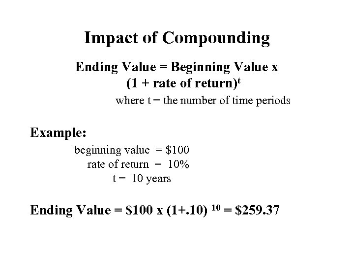 Impact of Compounding Ending Value = Beginning Value x (1 + rate of return)t