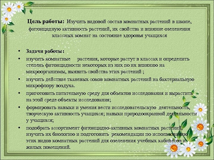Цель работы: Изучить видовой состав комнатных растений в школе, фитонцидную активность растений, их свойства