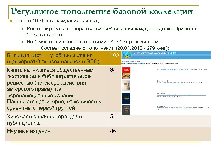 Регулярное пополнение базовой коллекции n около 1000 новых изданий в месяц. q q Информирование