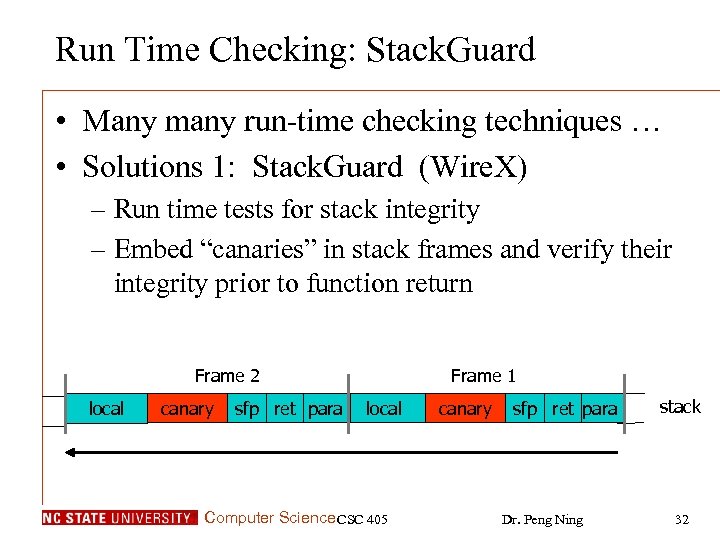 Run Time Checking: Stack. Guard • Many many run-time checking techniques … • Solutions