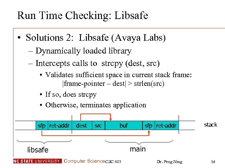 Run Time Checking: Libsafe • Solutions 2: Libsafe (Avaya Labs) – Dynamically loaded library