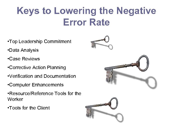 Keys to Lowering the Negative Error Rate • Top Leadership Commitment • Data Analysis