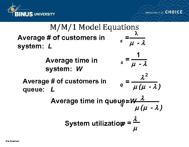 M/M/1 Model Equations Average # of customers in system: L Average time in system: