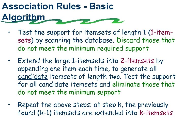 Association Rules - Basic Algorithm • Test the support for itemsets of length 1