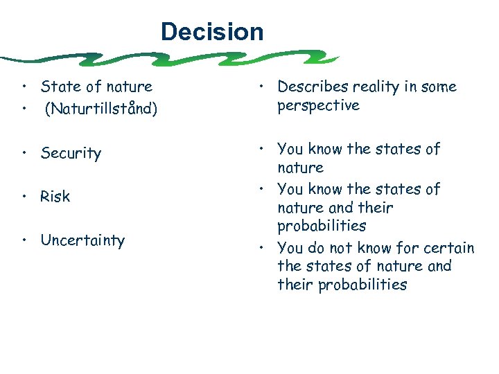 Decision • State of nature • (Naturtillstånd) • Describes reality in some perspective •