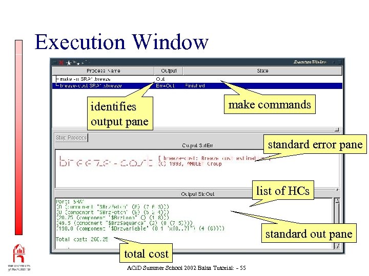 Execution Window identifies output pane make commands standard error pane list of HCs standard