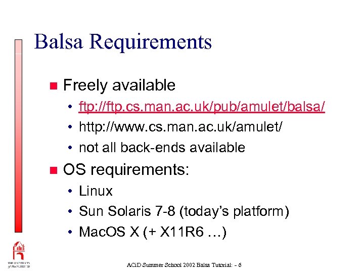 Balsa Requirements n Freely available • ftp: //ftp. cs. man. ac. uk/pub/amulet/balsa/ • http: