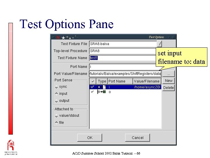 Test Options Pane set input filename to: data ACi. D Summer School 2002 Balsa