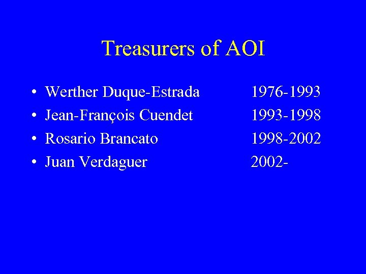 Treasurers of AOI • • Werther Duque-Estrada Jean-François Cuendet Rosario Brancato Juan Verdaguer 1976