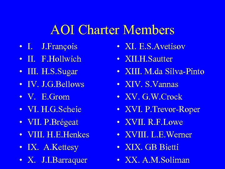 AOI Charter Members • • • I. J. François II. F. Hollwich III. H.