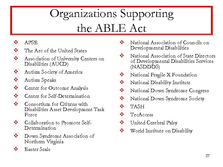 Organizations Supporting the ABLE Act v v v APSE The Arc of the United