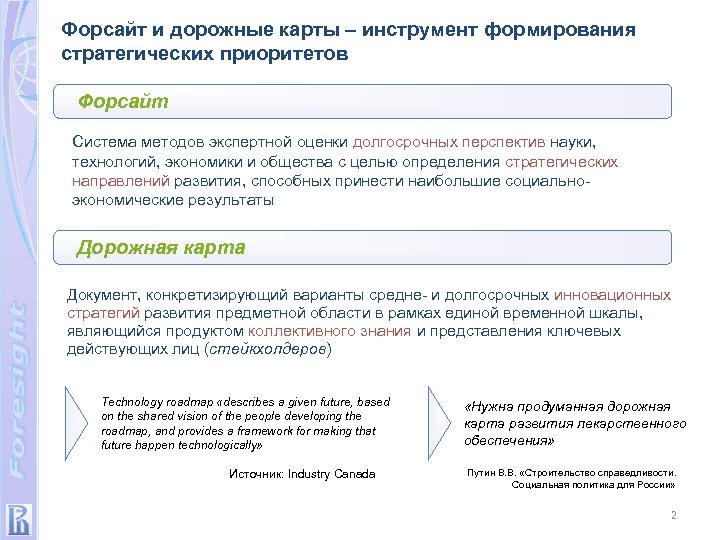 Форсайт и дорожные карты – инструмент формирования стратегических приоритетов Форсайт Система методов экспертной оценки