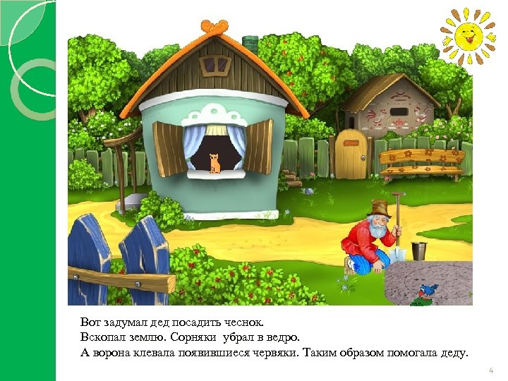 Вот задумал дед посадить чеснок. Вскопал землю. Сорняки убрал в ведро. А ворона клевала