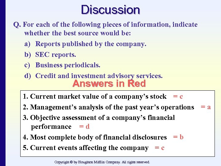 Discussion Q. For each of the following pieces of information, indicate whether the best