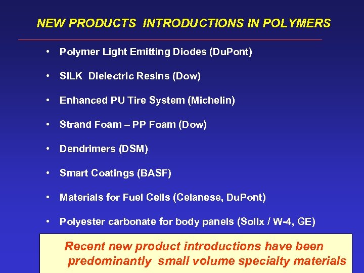 NEW PRODUCTS INTRODUCTIONS IN POLYMERS • Polymer Light Emitting Diodes (Du. Pont) • SILK