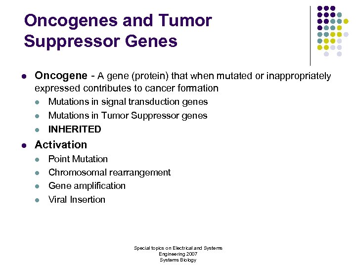 Oncogenes and Tumor Suppressor Genes l Oncogene - A gene (protein) that when mutated