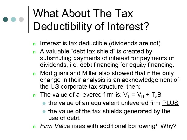 What About The Tax Deductibility of Interest? n n n Interest is tax deductible