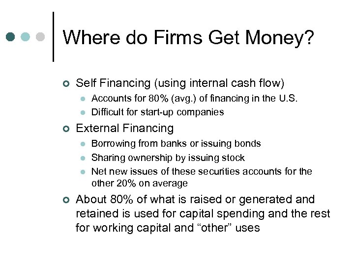 Where do Firms Get Money? ¢ Self Financing (using internal cash flow) l l