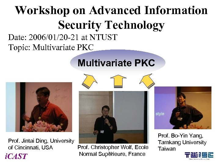 Workshop on Advanced Information Security Technology Date: 2006/01/20 -21 at NTUST Topic: Multivariate PKC