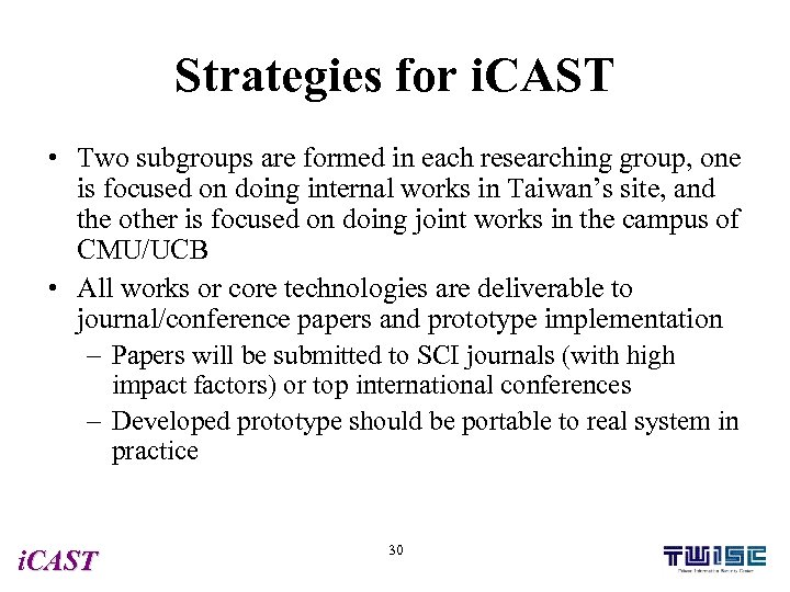 Strategies for i. CAST • Two subgroups are formed in each researching group, one