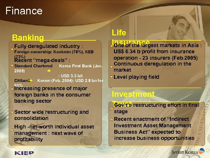 Finance Banking Fully deregulated industry : Foreign ownership: Kookmin (78%), KEB (73%) Recent “mega-deals”