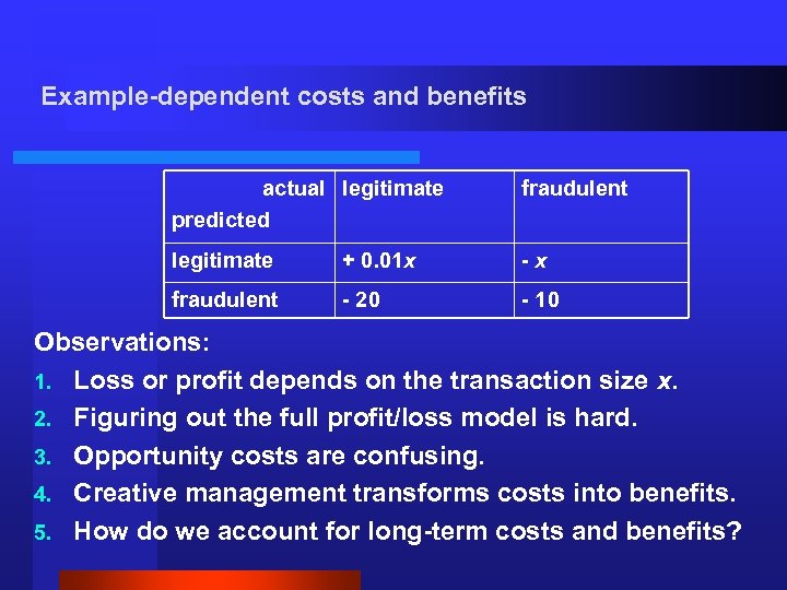 Example-dependent costs and benefits actual legitimate predicted fraudulent legitimate + 0. 01 x -