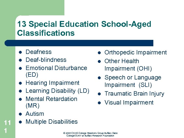 13 Special Education School-Aged Classifications l l l l 11 1 l Deafness Deaf-blindness