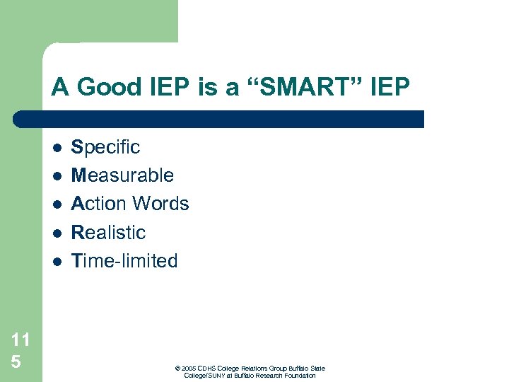 A Good IEP is a “SMART” IEP l l l 11 5 Specific Measurable