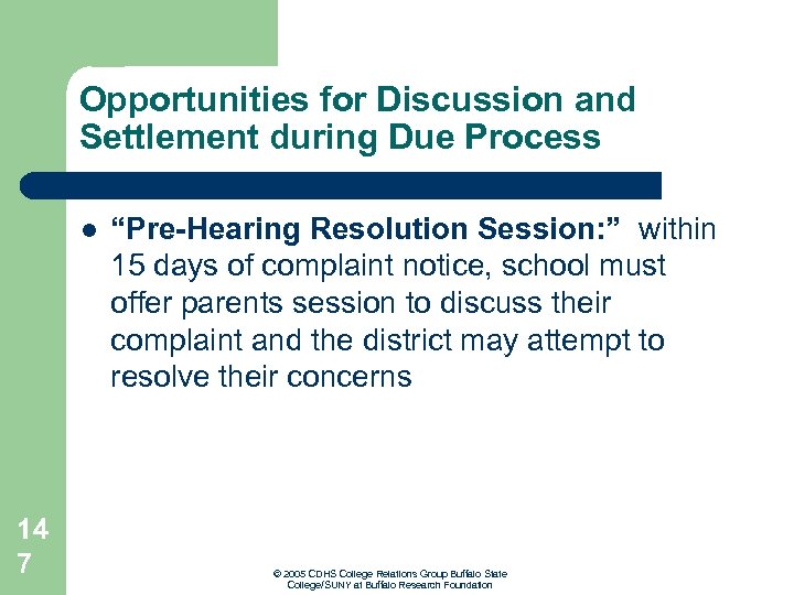 Opportunities for Discussion and Settlement during Due Process l 14 7 “Pre-Hearing Resolution Session: