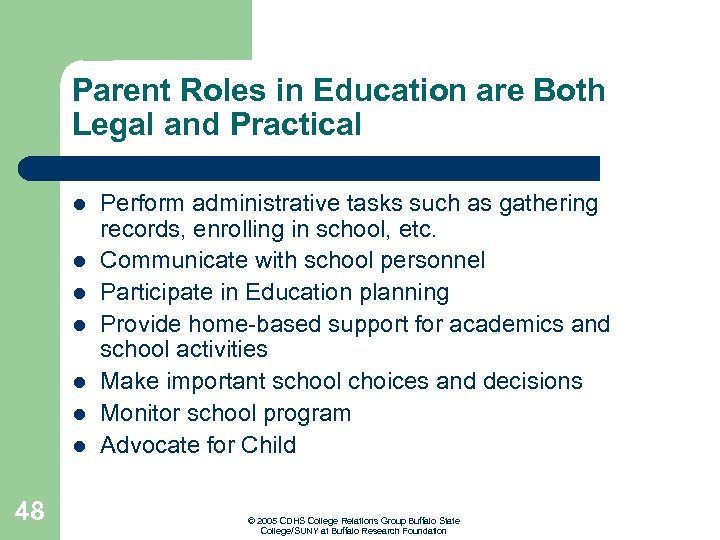 Parent Roles in Education are Both Legal and Practical l l l 48 Perform